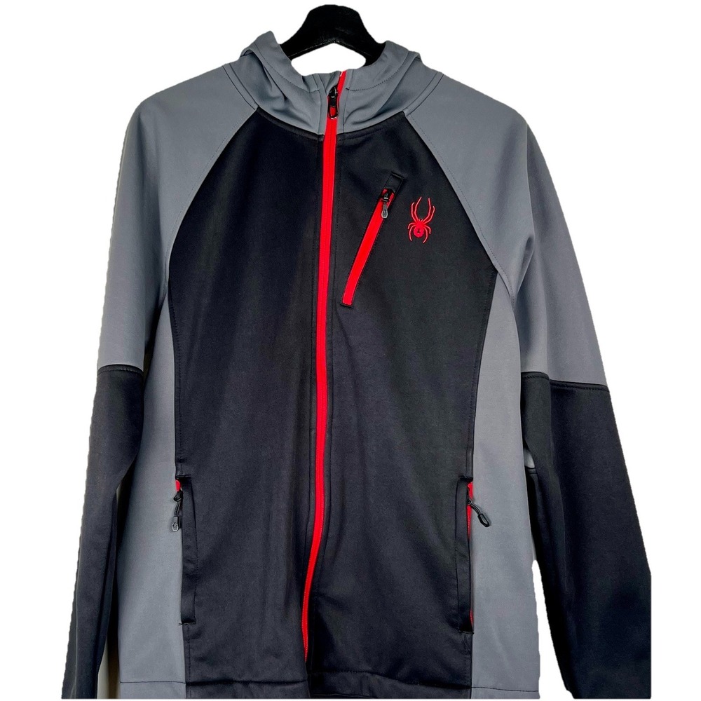 Spyder Mens Full Zip Hooded Softshell Jacket Black Grey Red Small READ